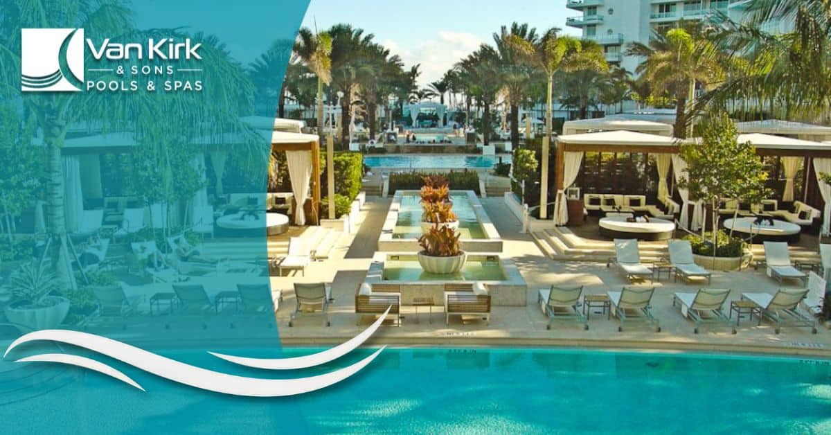 Luxury hotel resort pool with cabanas, palm trees, and modern water features in Miami
