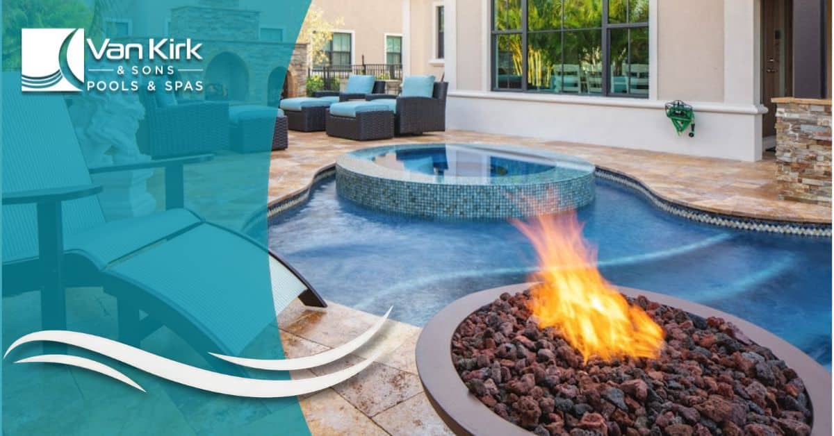 Luxury backyard pool with built-in spa, fire pit, and modern outdoor seating area