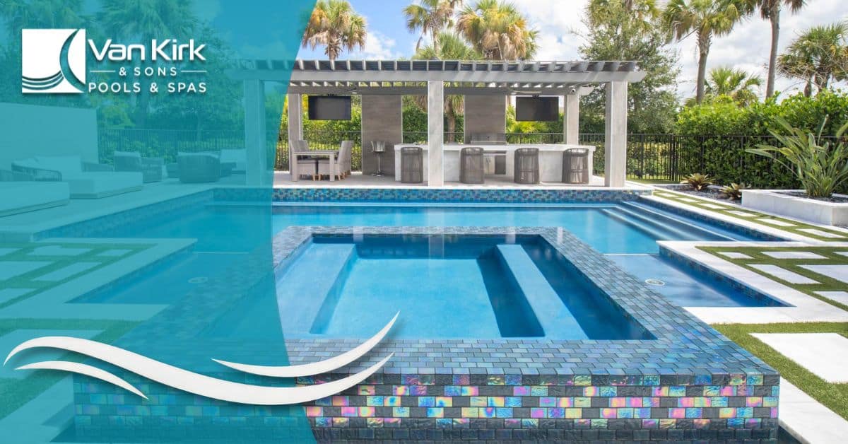 Modern backyard swimming pool with spa and outdoor living space in South Florida by Van Kirk Pools