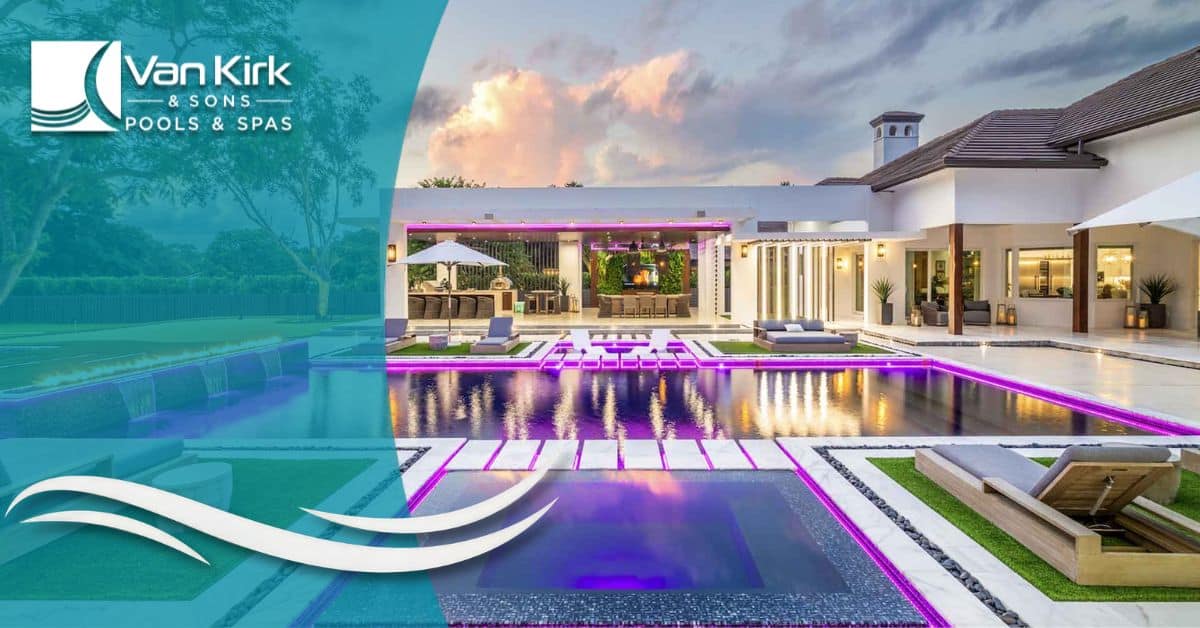 Luxury modern straight line swimming pool with fire features and LED lighting by Van Kirk Pools