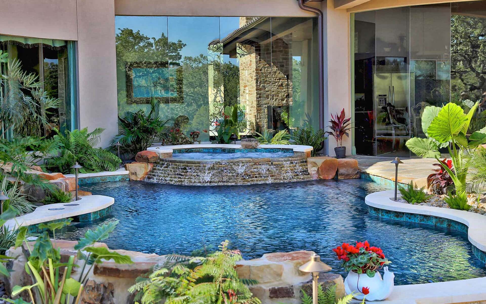 a hot tub waterfall into a pool - Van Kirk & Sons Pools & Spas a hot tub waterfall into a pool