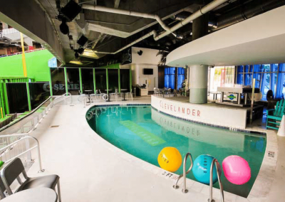 Indoor pool and entertainment area design at The Clevelander inside Marlins Park.