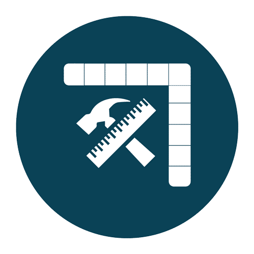 cpsdc-custom-design-and-manufacture-of-precast-materials - Van Kirk & Sons Pools & Spas Icon of a hammer, ruler, and square on a blue background, symbolizing construction or design tools.