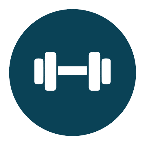 cpsdc-health-and-fitness-clubs - Van Kirk & Sons Pools & Spas Icon of a white dumbbell on a dark blue circle, symbolizing fitness and strength training.