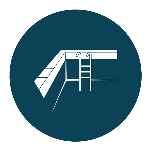 cpsdc-interior-and-exterior - Van Kirk & Sons Pools & Spas Icon of a swimming pool ladder and diving board on a dark blue circle background.