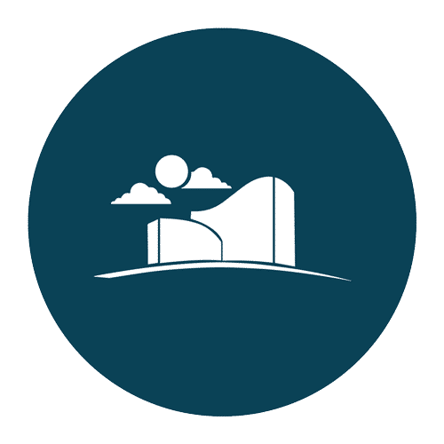 cpsdc-resort-and-high-rise - Van Kirk & Sons Pools & Spas Modern architectural building silhouette under sun and clouds in a blue circular background.