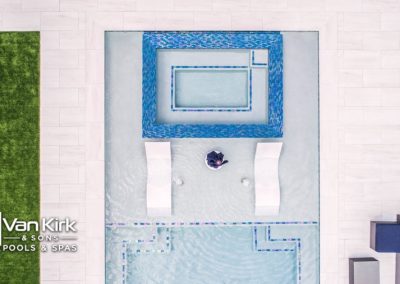 Modern backyard pool design with elegant blue tiles, lounge chairs, and surrounding patio area.