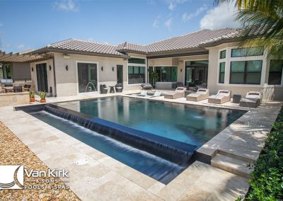 Luxurious backyard infinity edge pool with waterfall feature and modern patio furniture under a sunny blue sky.