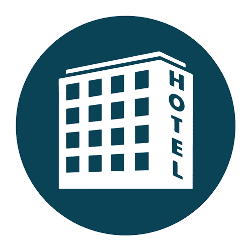 hotels - Van Kirk & Sons Pools & Spas Icon of a hotel building with Hotel written vertically, set within a dark circle.