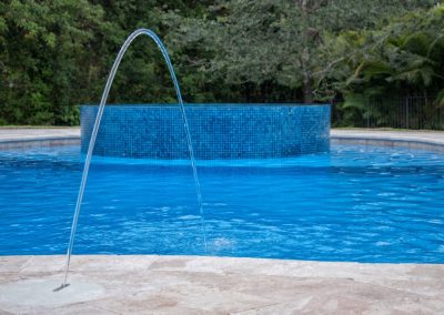 Luxurious outdoor pool with arching fountain jet stream and tiled backdrop, surrounded by greenery.