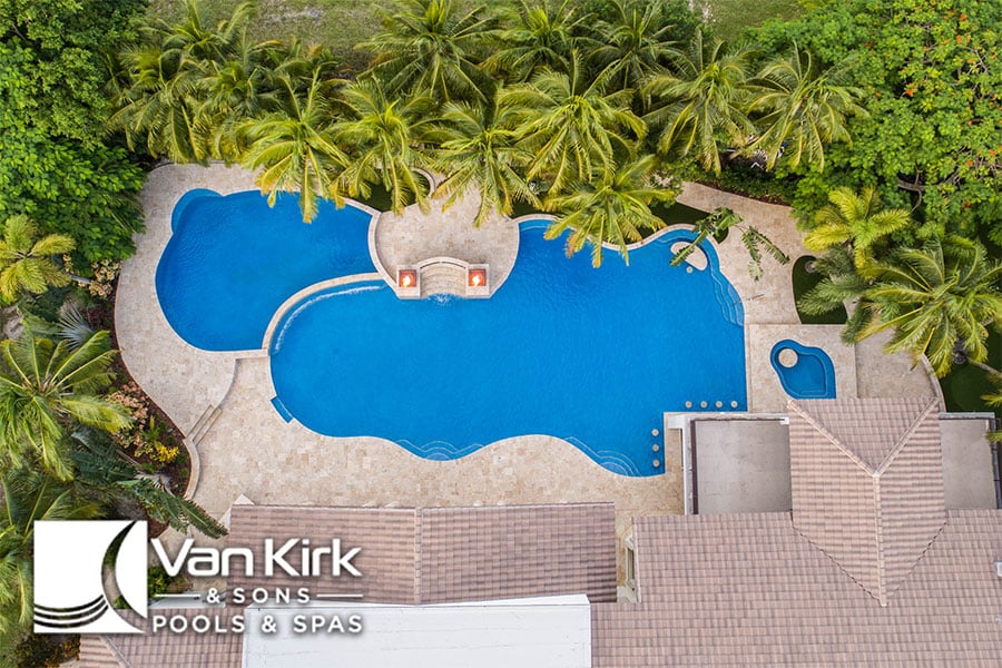 Aerial view of luxurious backyard freeform pool surrounded by lush palm trees and patio area, representing Van Kirk & Sons Pools & Spas.