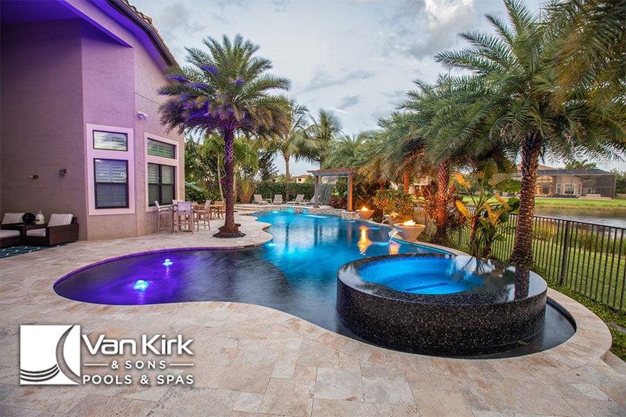Luxurious backyard freeform pool with palm trees and colorful lighting, designed by Van Kirk & Sons Pools & Spas.