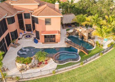 Luxury home with freeform pool, landscaped garden, and palm trees, highlighting outdoor elegance and tropical design.