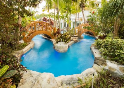 Tropical garden with vibrant blue lazy river and wooden bridges surrounded by lush greenery and palm trees.