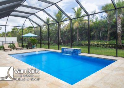 Luxurious screened-in backyard rectangular pool with lounge chairs and palm trees, perfect for relaxation and outdoor enjoyment.