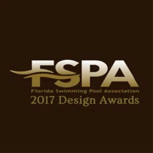2017 FSPA Design Awards logo for Florida Swimming Pool Association event, golden text on dark background.
