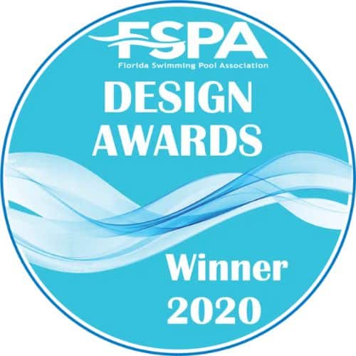 FSPA 2020 Design Awards Winner logo, blue circle with wave design and text for Florida Swimming Pool Association.
