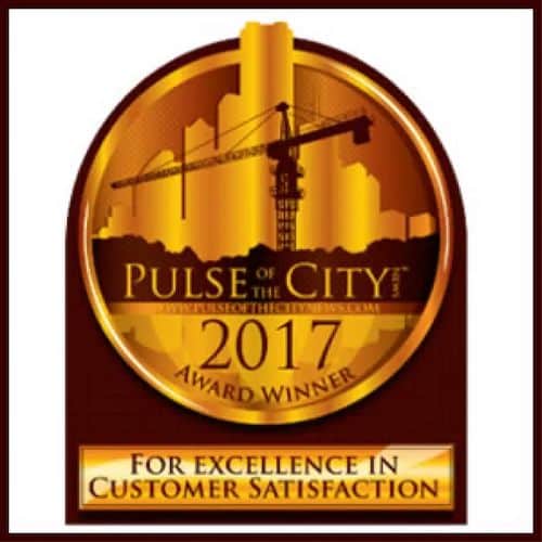 2017 Pulse of the City Award for Excellence in Customer Satisfaction, featuring a city skyline and crane graphic.