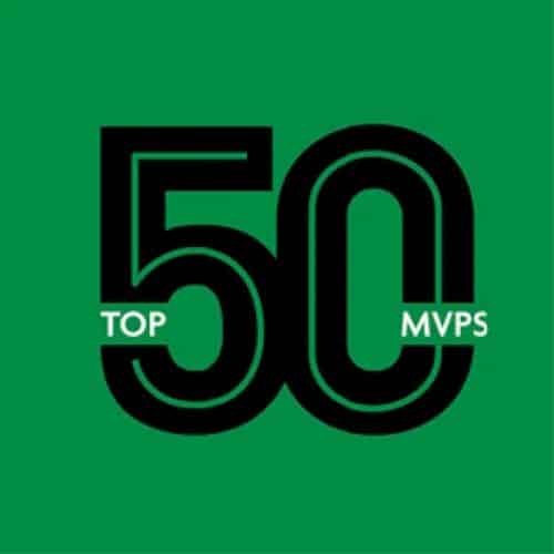 Top 50 MVPs graphic on green background highlighting most valuable players in sports or business.