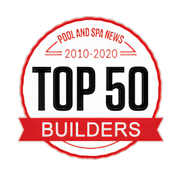 Pool and Spa News Top 50 Builders 2010-2020 badge in red and white design.
