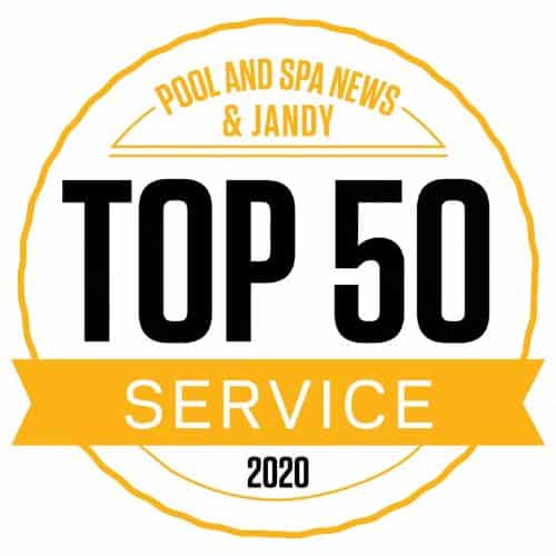Top 50 Service Award 2020 from Pool and Spa News & Jandy, highlighting excellence in pool service.