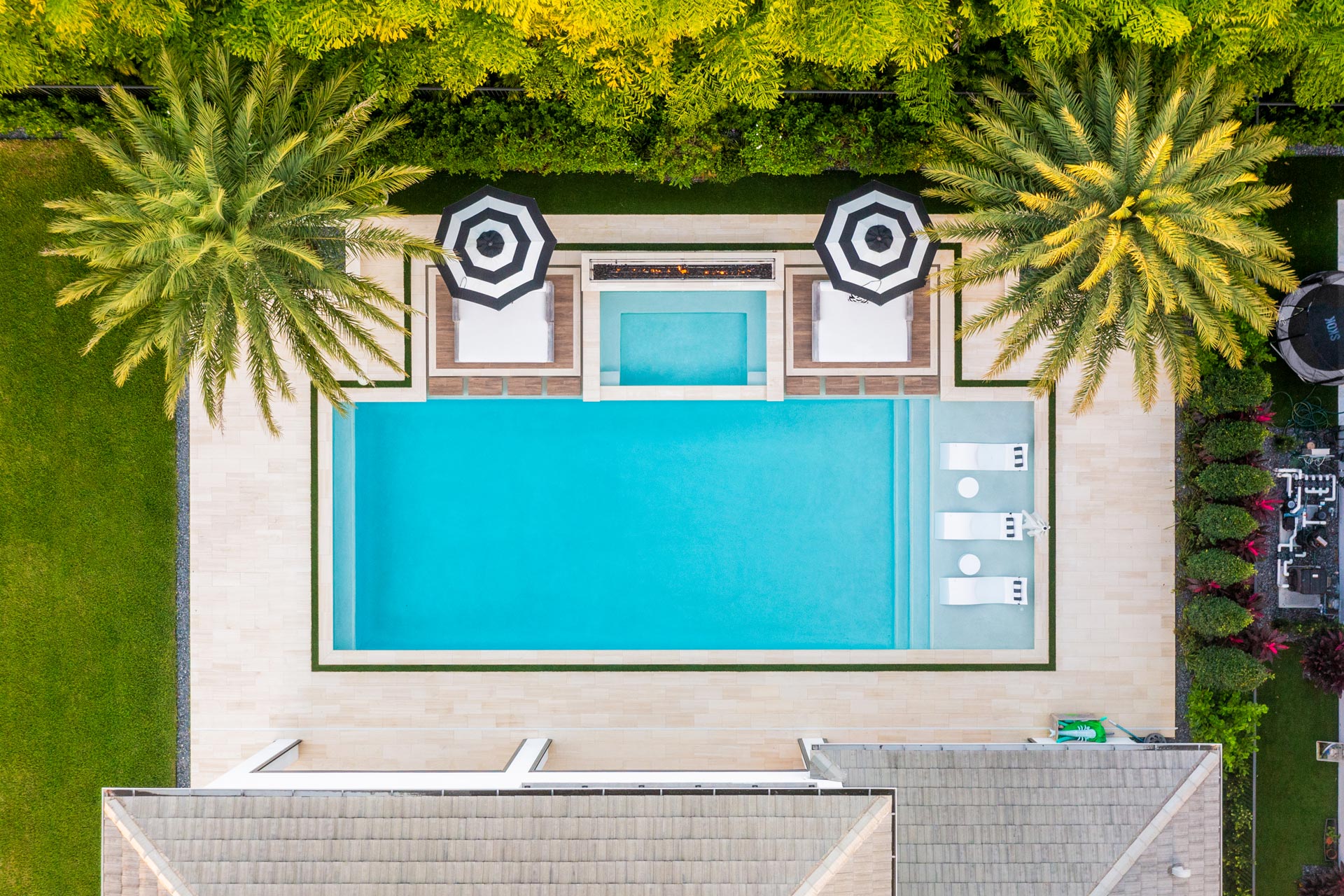 Aerial view of a luxurious backyard rectangular swimming pool with loungers and palm trees for a tropical vibe.
