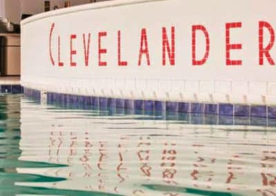 Close-up view of the Clevelander pool branding and custom tile work at Marlins Park.