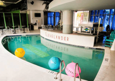 Contemporary pool and seating layout inside The Clevelander at Marlins Park.