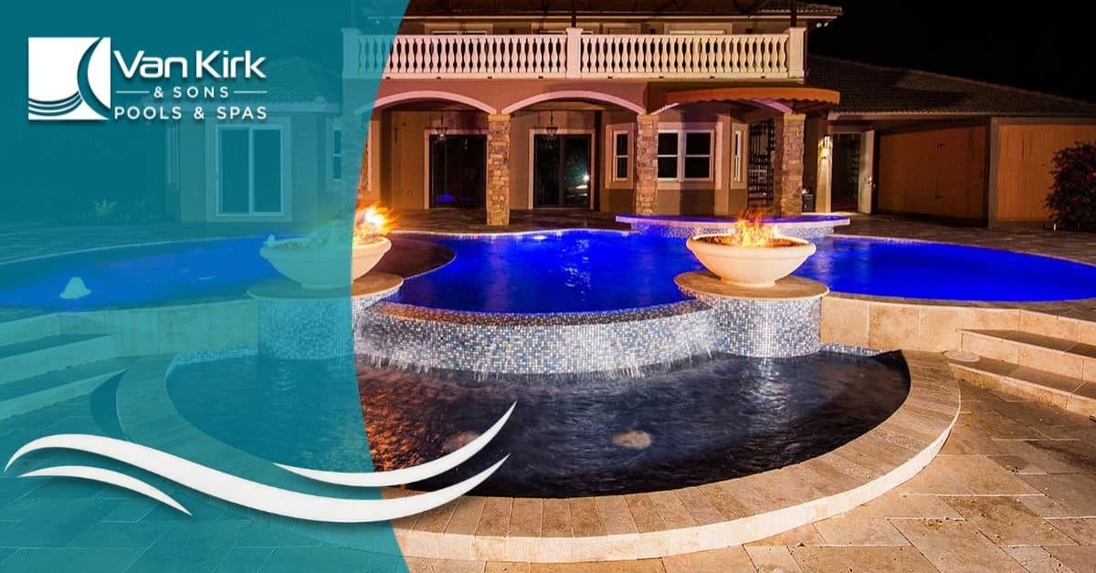 Van Kirk Pools built this multi-level pool for The Vanilla Ice Project 2, featuring fire bowls, LED lights, and cascading mosaic tile waterfalls.