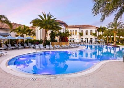 Van Kirk Pools built this large, freeform commercial resort pool with blue LED lighting for the Addison Reserve Country Club in Delray Beach.