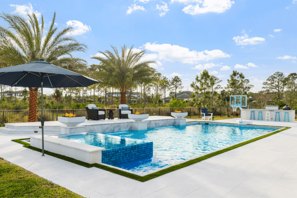 Custom inground pool with fire bowls and modern landscaping