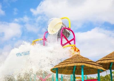 The 550-gallon zebra-themed dump bucket, a custom water feature at the Lion Country Safari water park, built by Van Kirk Pools.