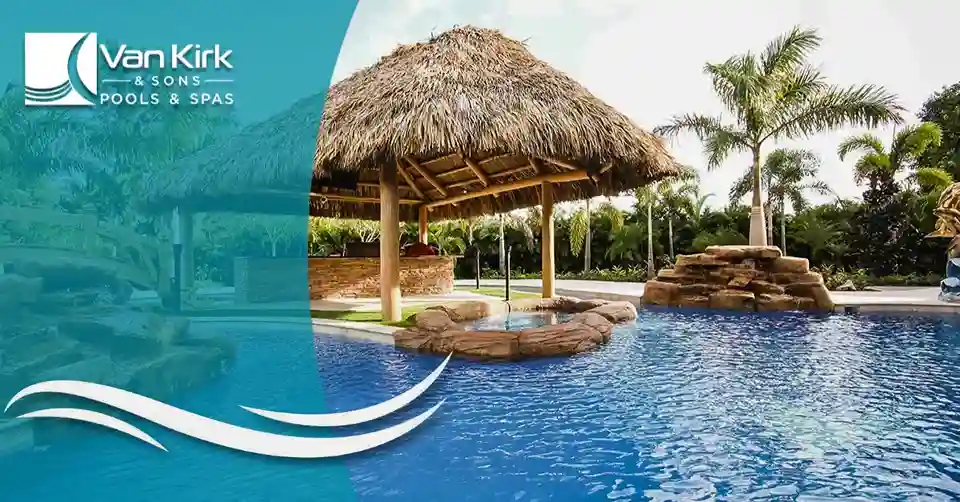 Promotional pool scene with a thatched gazebo, rock fountain, palm trees, and a teal branding panel that reads 'Van Kirk & Sons Pools & Spas' on the left.