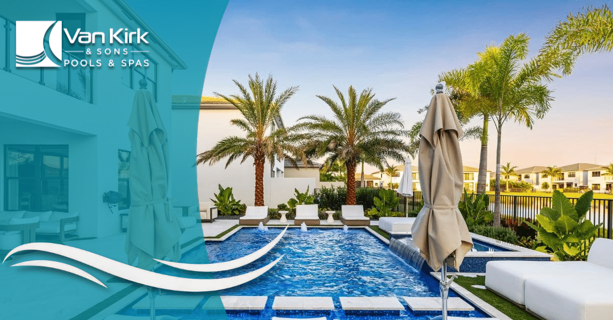 Poolside resort scene with clear blue pool, loungers, palm trees, and a teal brand overlay featuring Van Kirk & Sons Pools & Spas logo—the image conveys a luxury poolscape by the company.
