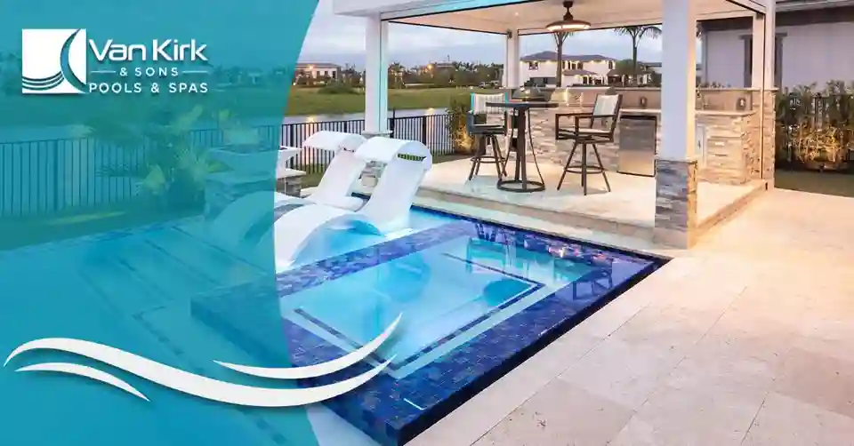 Outdoor pool area with lounge chairs and a covered patio bar, featuring a teal branding overlay and the Van Kirk & Sons Pools & Spas logo.